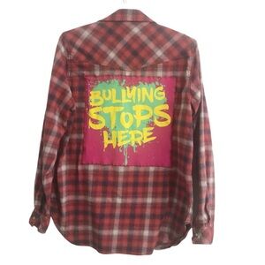 Custom upcycled “Anti Bullying” western style plaid shirt.